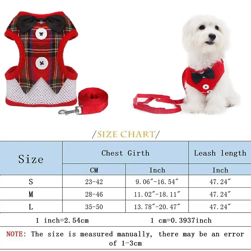 Dog harness and leash set with a size chart on a white background