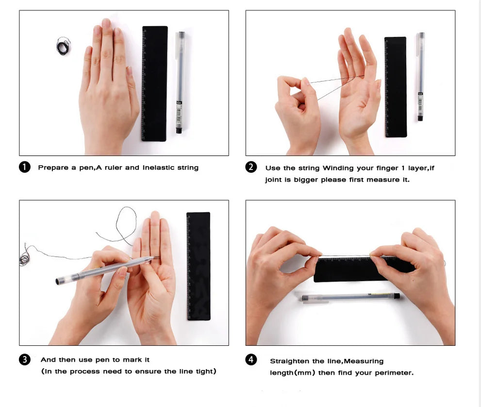 Step-by-step instructions for measuring finger perimeter using a pen, ruler, and inelastic string.