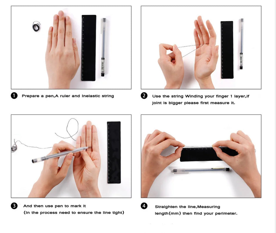 Step-by-step instructions for measuring finger perimeter using a pen, ruler, and inelastic string.