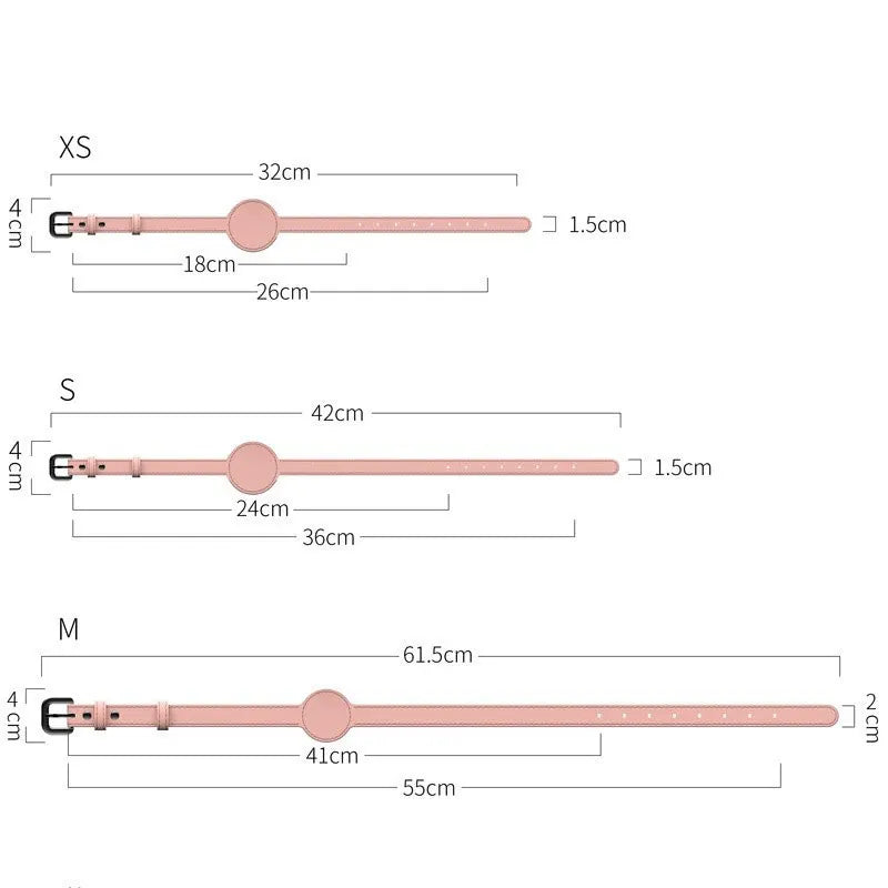 Measurement chart for a rose gold belt with size XS, S, and M on a white background.