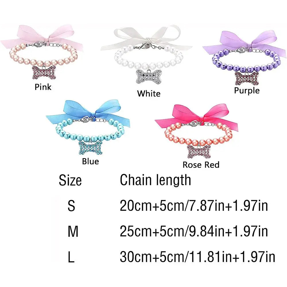 Set of four pearl collars with bows in pink, white, purple, and rose red, labeled with chain lengths.