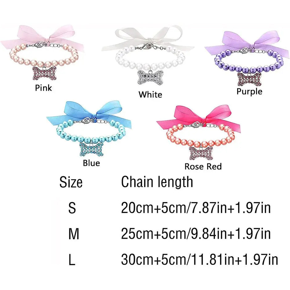Set of four pearl collars with bows in pink, white, purple, and rose red, labeled with chain lengths.