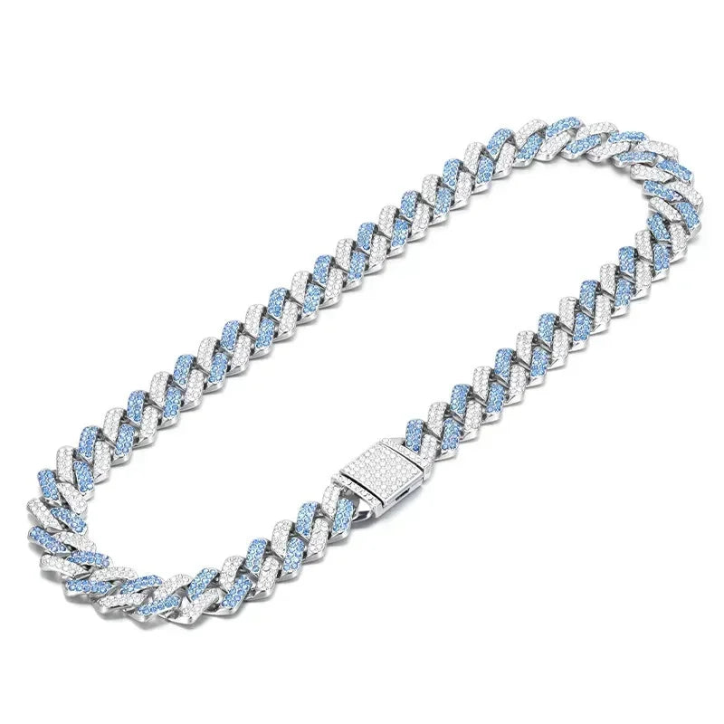 Silver and blue Cuban link chain necklace with blue stones on a white background