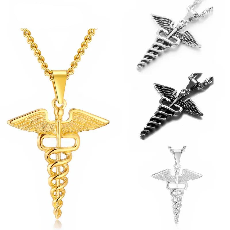 Four Caduceus pendants in gold, silver, and black on a white background with 'Reiwen' branding.