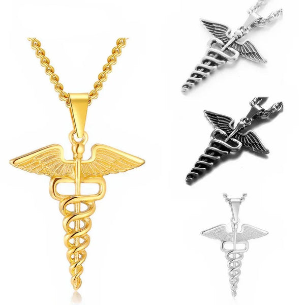 Four Caduceus pendants in gold, silver, and black on a white background with 'Reiwen' branding.