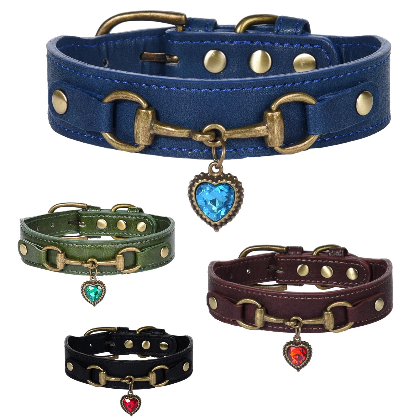 Set of four leather dog collars with heart-shaped charms in blue, green, red, and black on a white background.