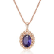 Rose gold necklace with a purple gemstone pendant on a white background