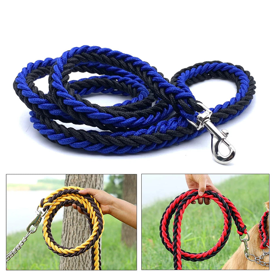 Blue and black braided dog leash with metal clip on a white background, shown with additional color options.
