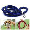 Blue and black braided dog leash with metal clip on a white background, shown with additional color options.