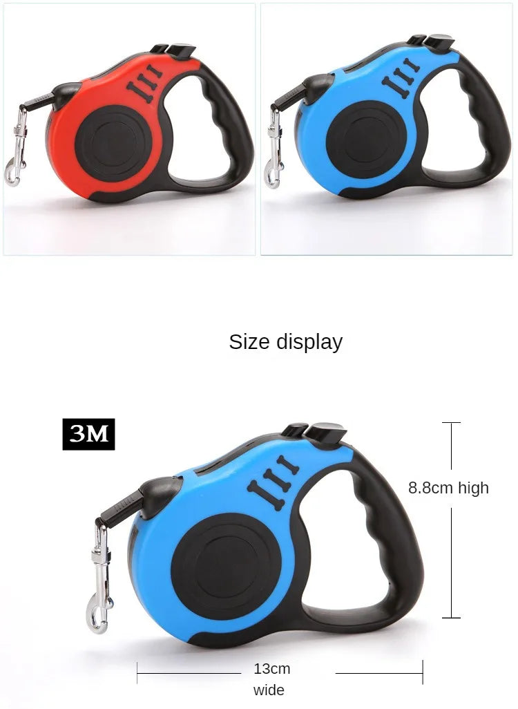 Two retractable dog leashes in red and blue with size display text.