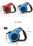 Two retractable dog leashes in red and blue with size display text.