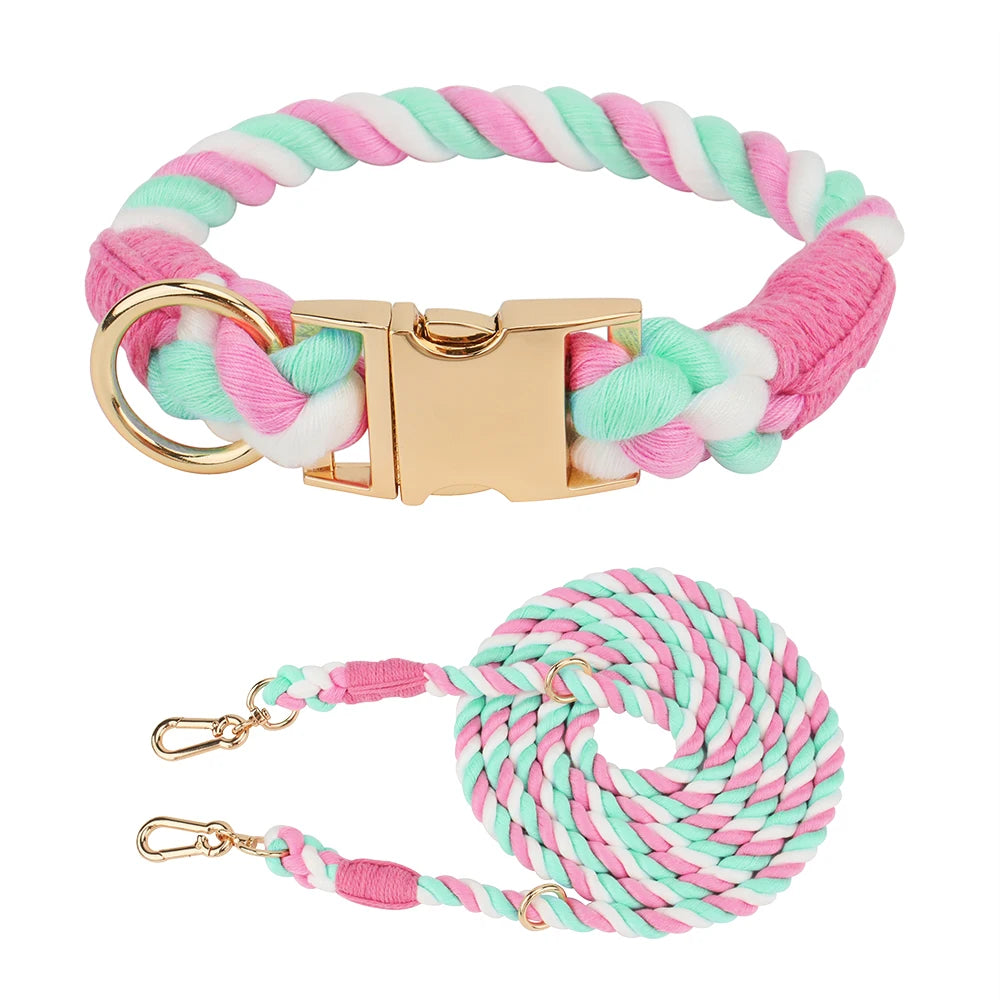 Colorful braided dog leash with a gold clasp on a white background