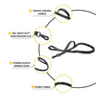 Diagram of a black bungee leash with labeled features on a white background
