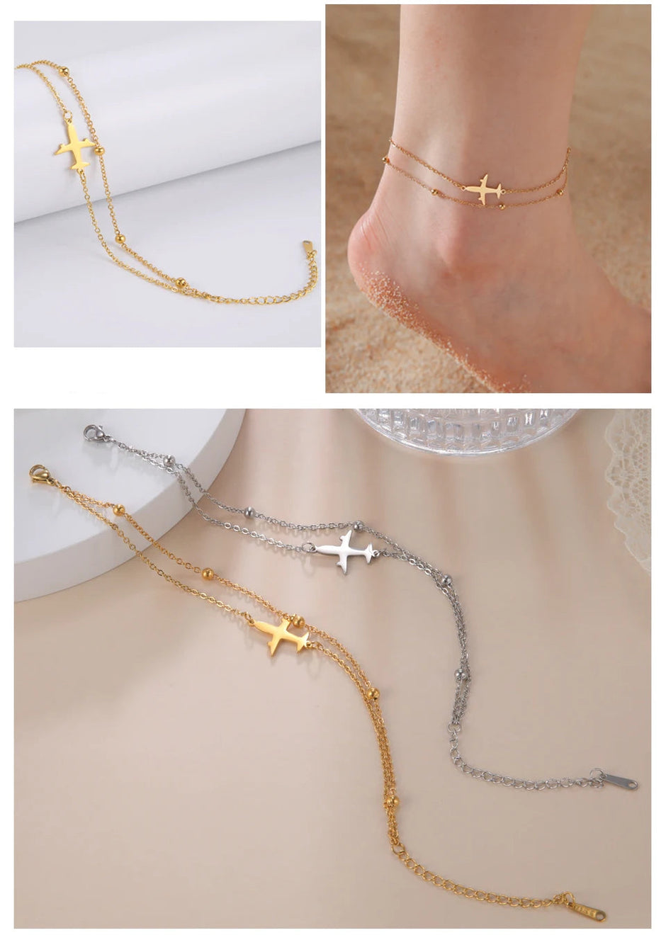 Gold and silver anklets with cross designs on a neutral background