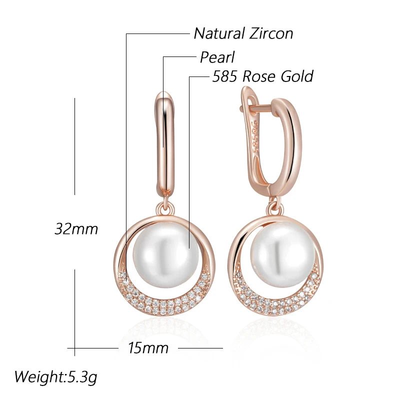 Rose gold earrings with pearls and zircons, showing measurements and material details.