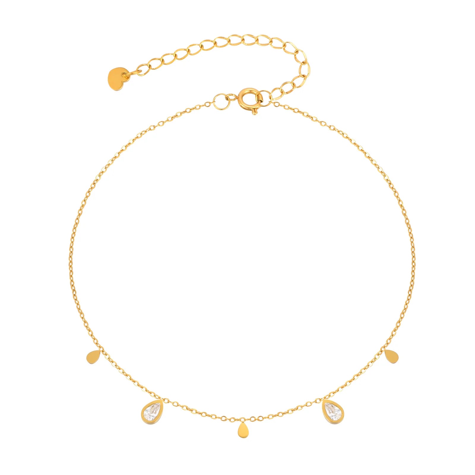 Gold anklet with teardrop-shaped charms on a white background