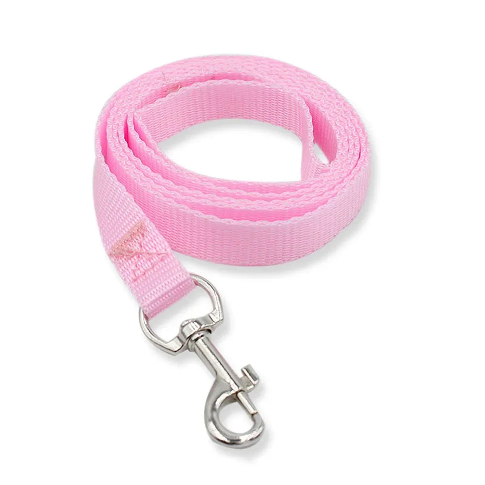 Pink dog leash with a metal clip on a white background