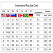 International Ring Size Chart with various country flags and measurements