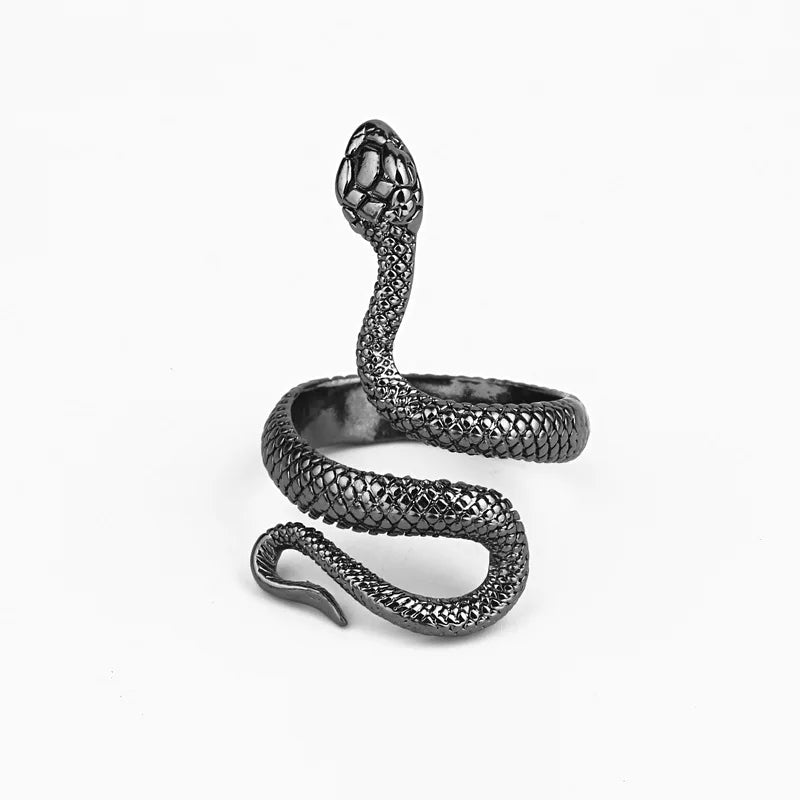 Silver snake-shaped ring on a white background