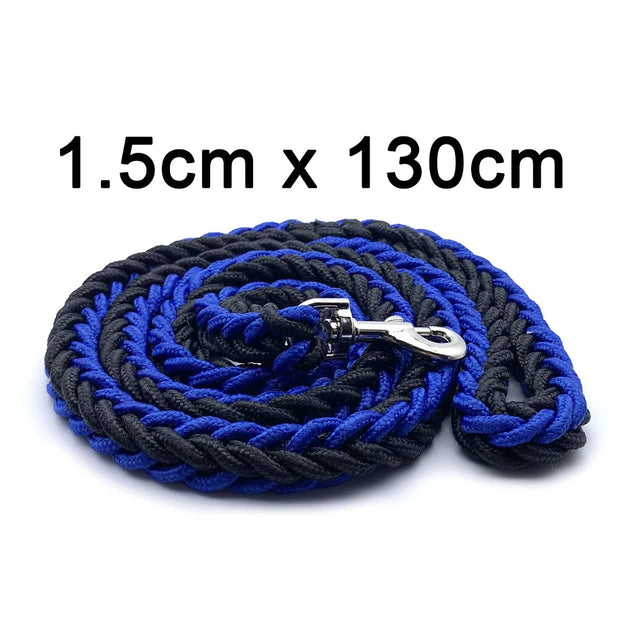 Blue and black rope leash with metal clip on a white background, labeled '1.5cm x 130cm'.