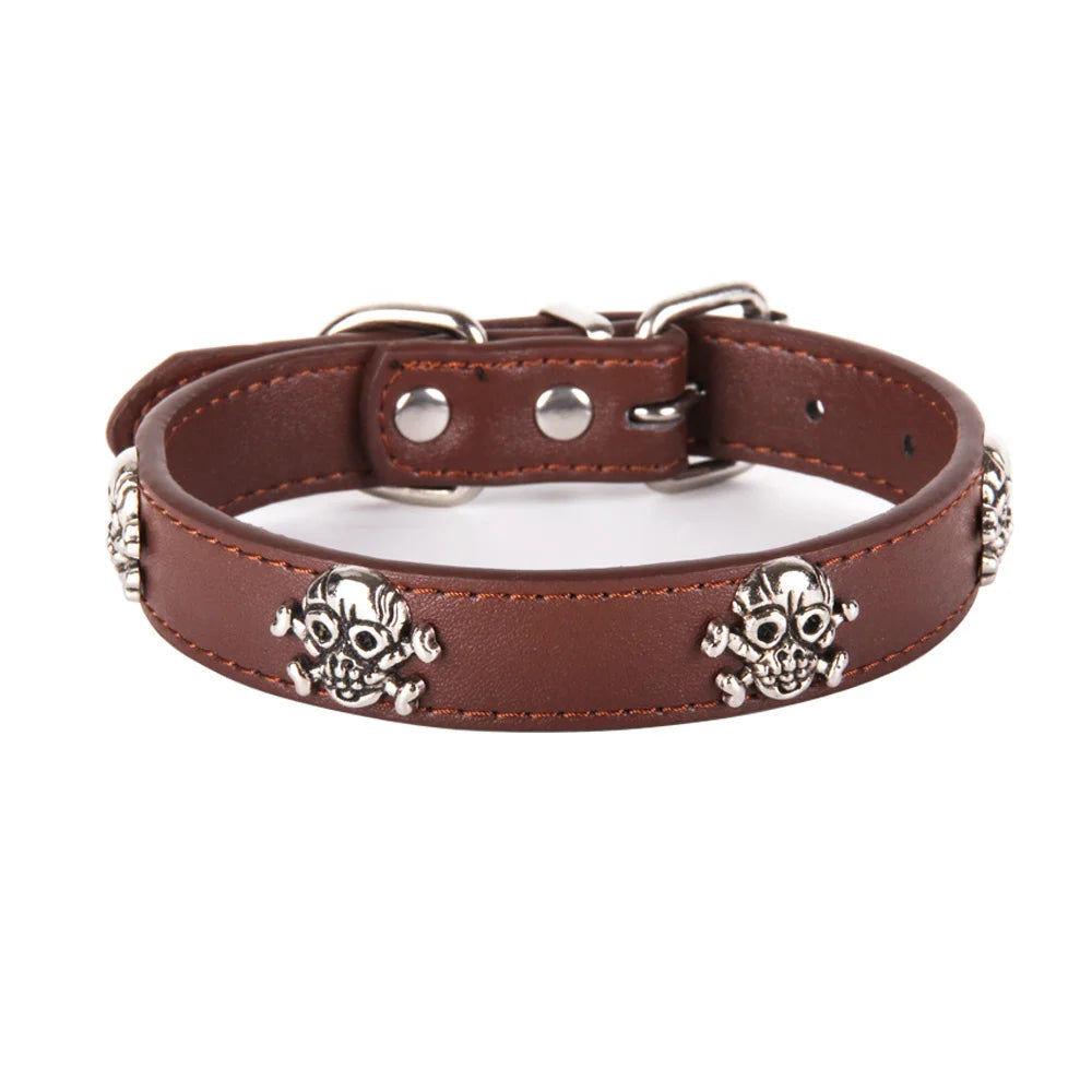 Brown leather dog collar with skull designs on a white background