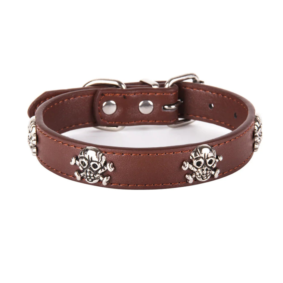 Brown leather dog collar with skull designs on a white background