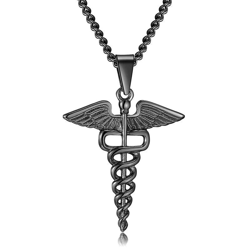 Black caduceus pendant necklace on a white background