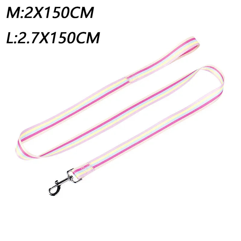 Pink and yellow striped dog leash with metal clip on a white background