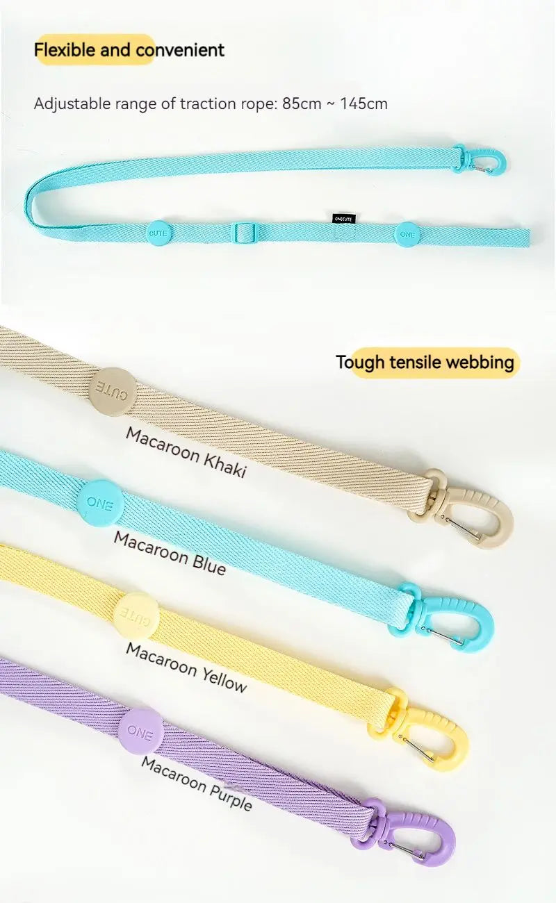 Set of colorful dog leashes with adjustable traction rope on a white background