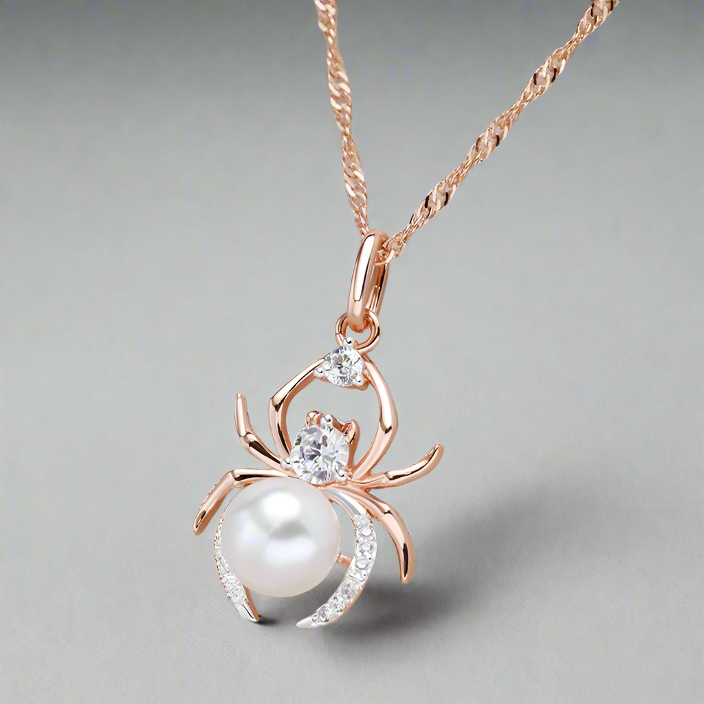 Rose gold spider pendant with a pearl and diamonds on a gray background