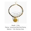 Necklace with shell pendant on a white background, showing measurements and material details.