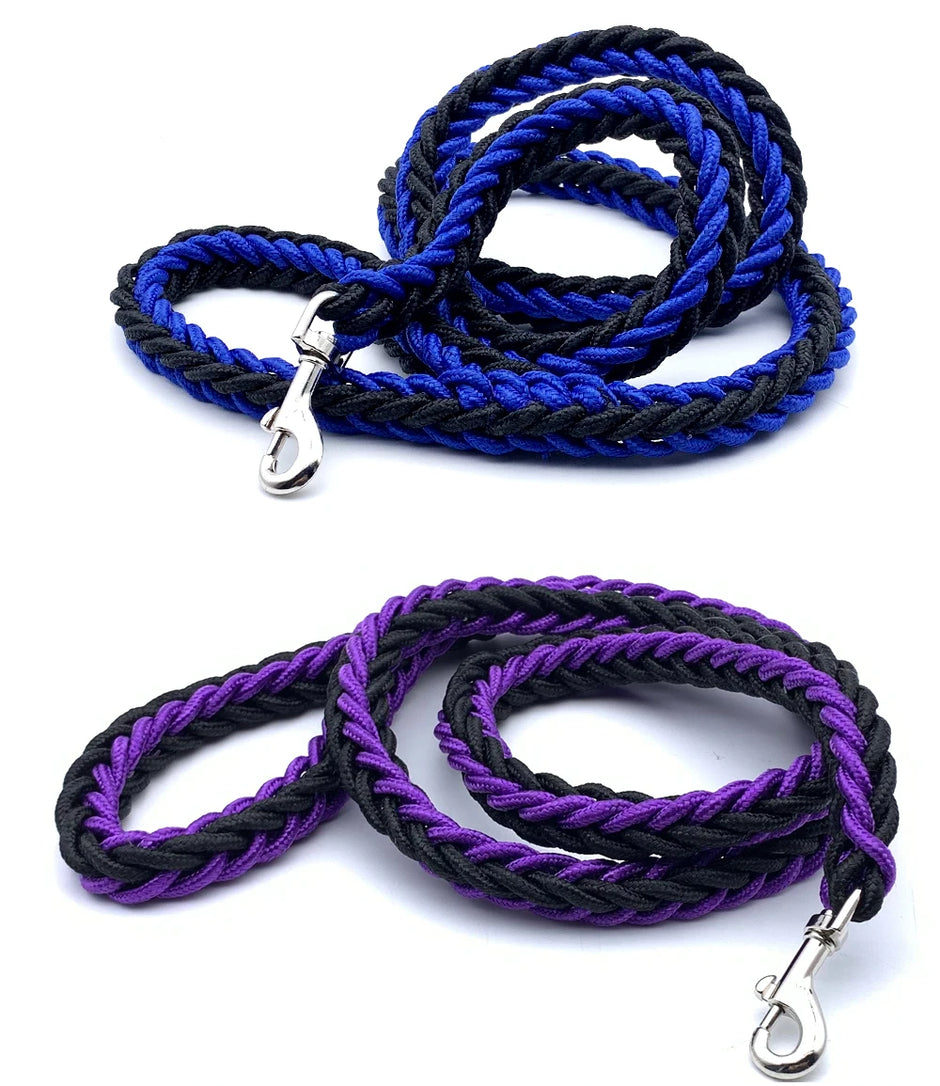 Blue and black braided rope leash with silver clasp on a white background