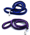 Blue and black braided rope leash with silver clasp on a white background