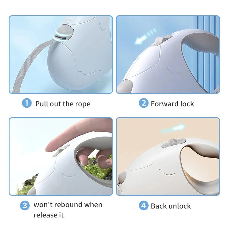 Step-by-step instructions for using a pet leash with illustrations and text.