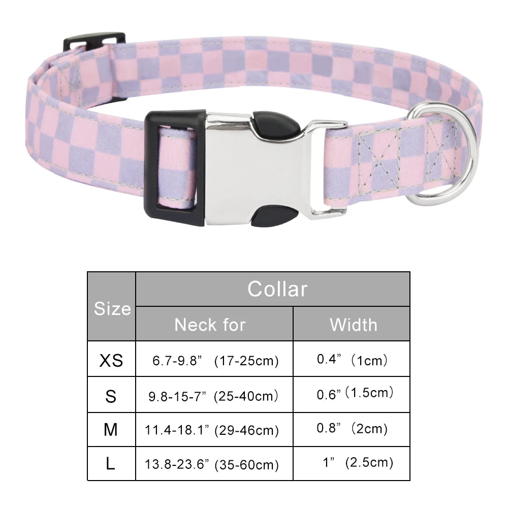 Checkered dog collar with size chart on a white background