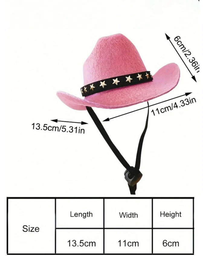Pink cowboy pet hat with measurement details on a white background