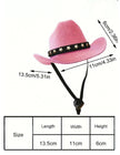 Pink cowboy pet hat with measurement details on a white background