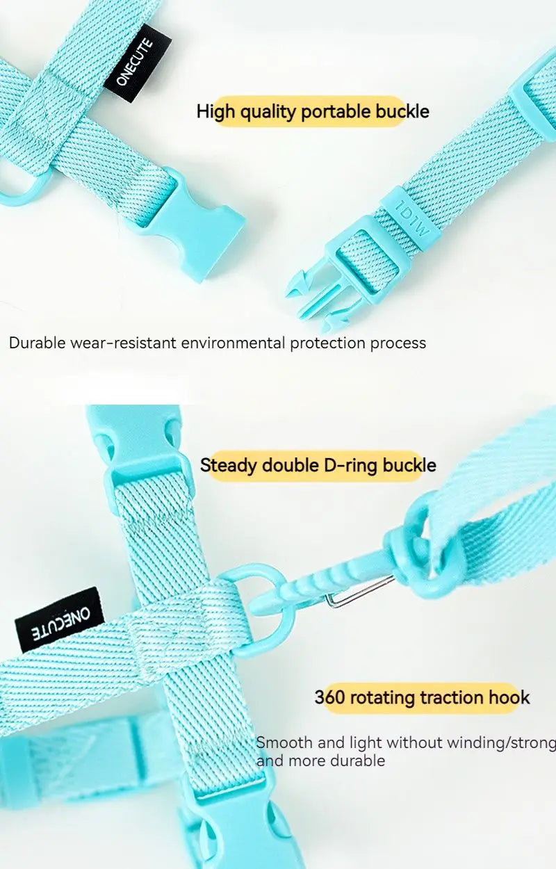 Blue dog leash with buckle and hook on a white background, featuring text about product features.