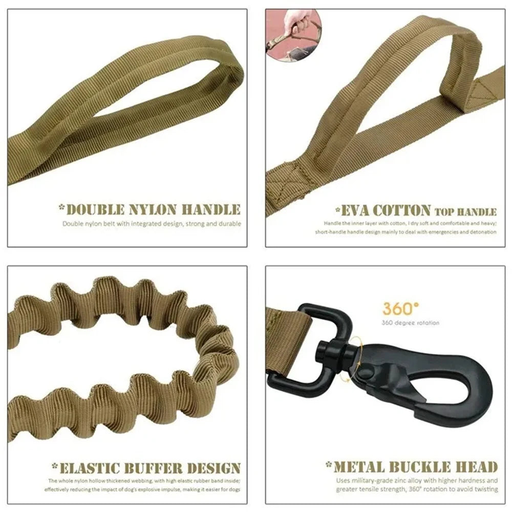 Product details of a dog leash with double nylon handle, EVA cotton top handle, elastic buffer design, and metal buckle head.