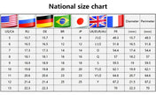 National size chart with various country flags and measurements.