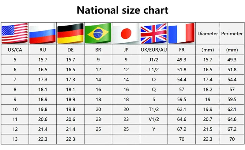 National size chart with various country flags and measurements.