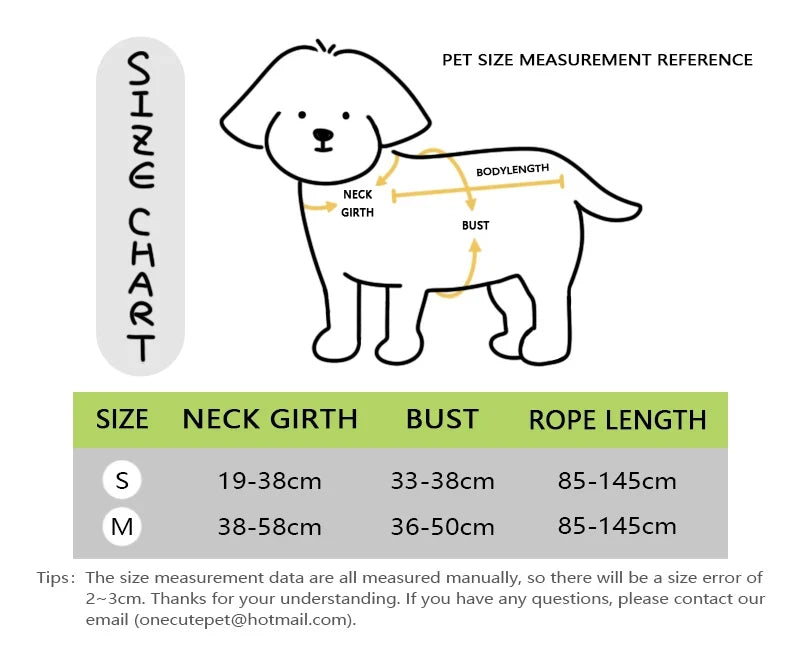 Pet size measurement chart with a dog illustration and dimensions for neck girth, bust, and rope length.