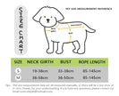 Pet size measurement chart with a dog illustration and dimensions for neck girth, bust, and rope length.