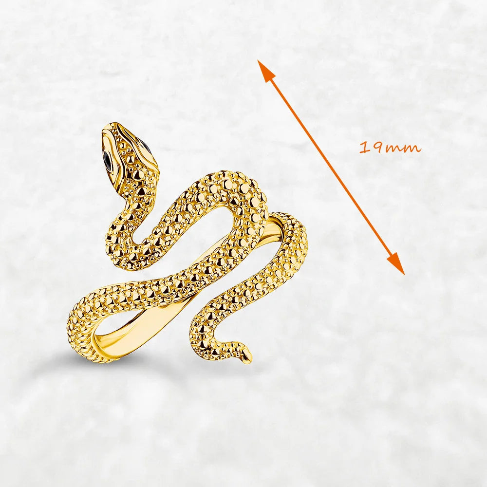 Gold snake-shaped ring with a measurement label on a light gray background
