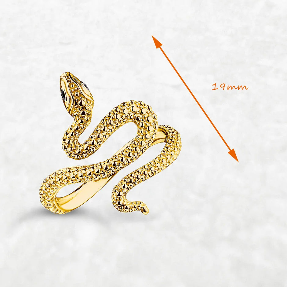 Gold snake-shaped ring with a measurement label on a light gray background
