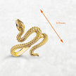 Gold snake-shaped ring with a measurement label on a light gray background