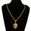 Gold necklace with a lion pendant on a black mannequin bust.