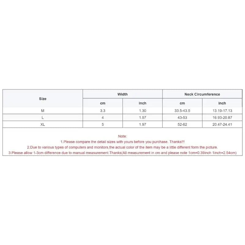 Size chart for width and neck circumference with measurements in centimeters and inches.