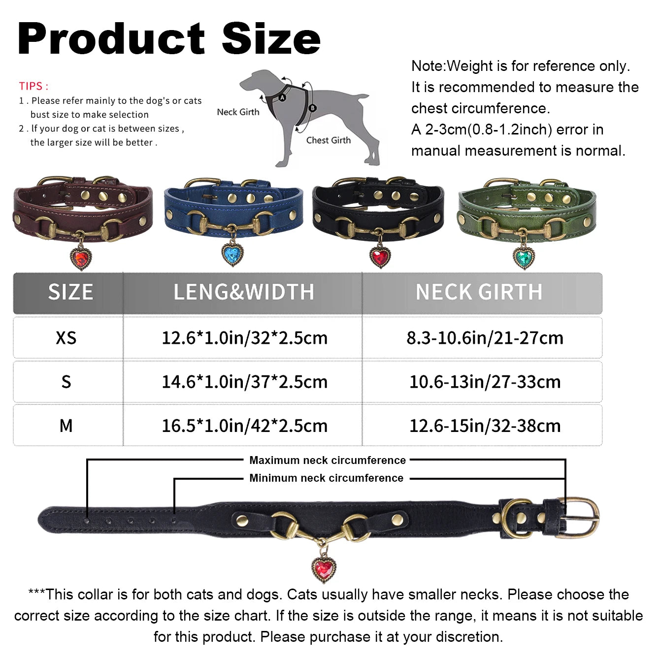 Product size chart for dog collars with measurements and notes.