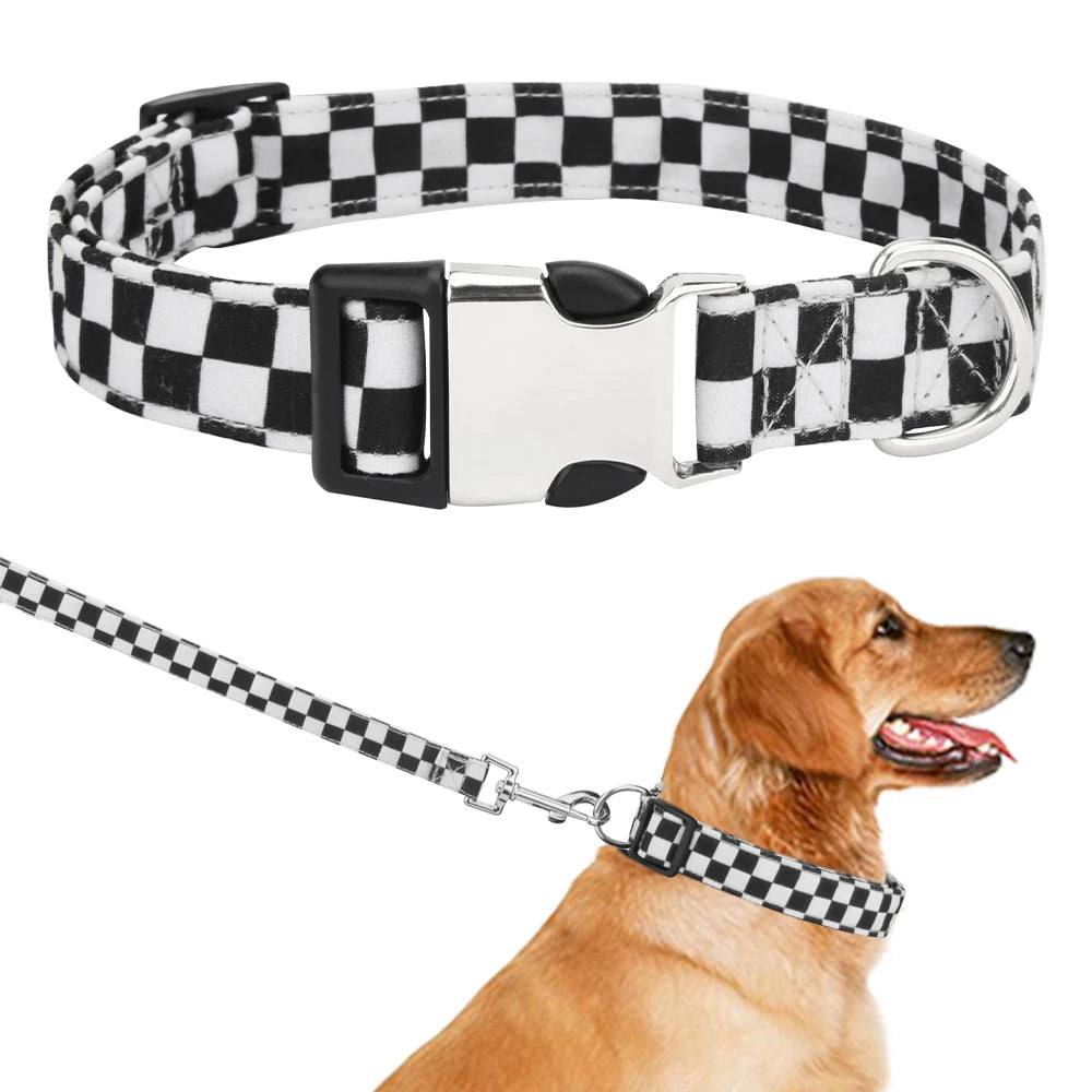 Checkered dog collar and leash set with a dog wearing it on a white background